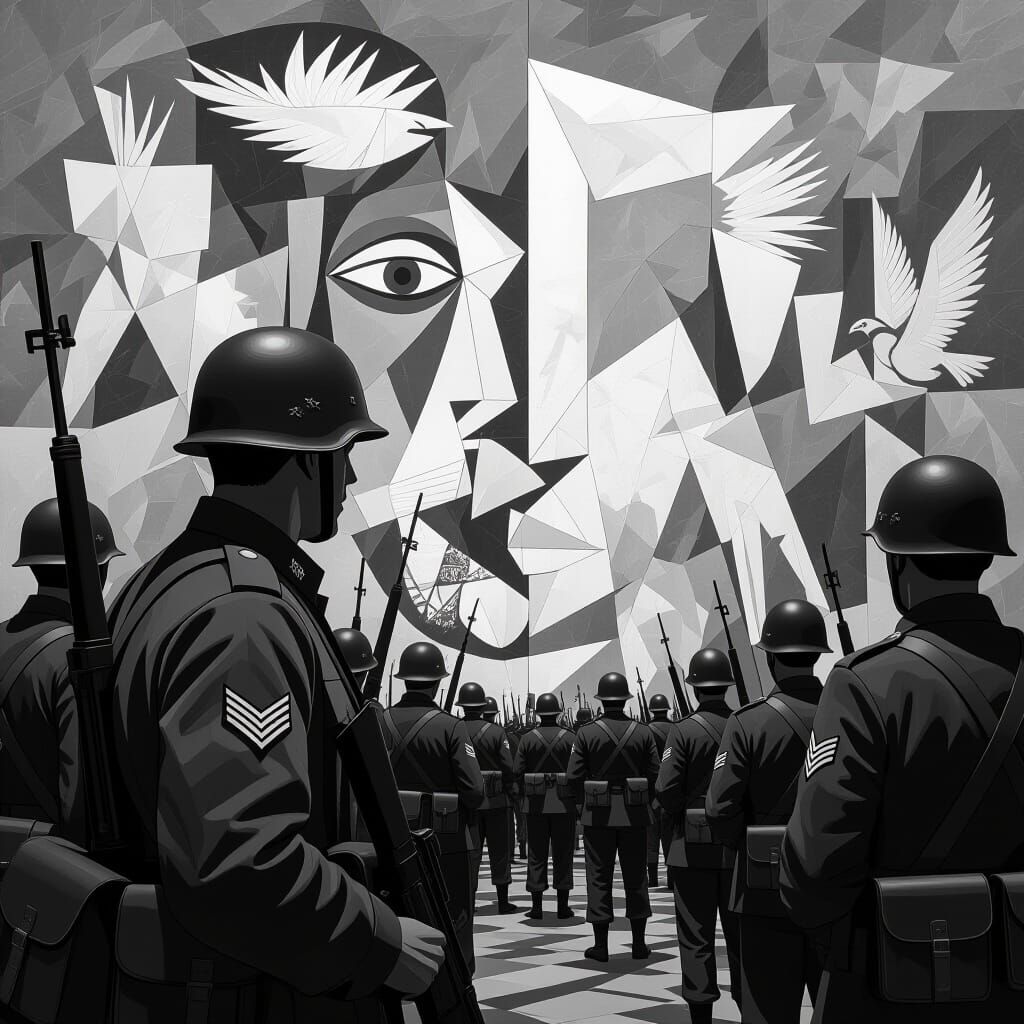 Monochrome Anime Guernica with Hyper-Realistic Soldiers