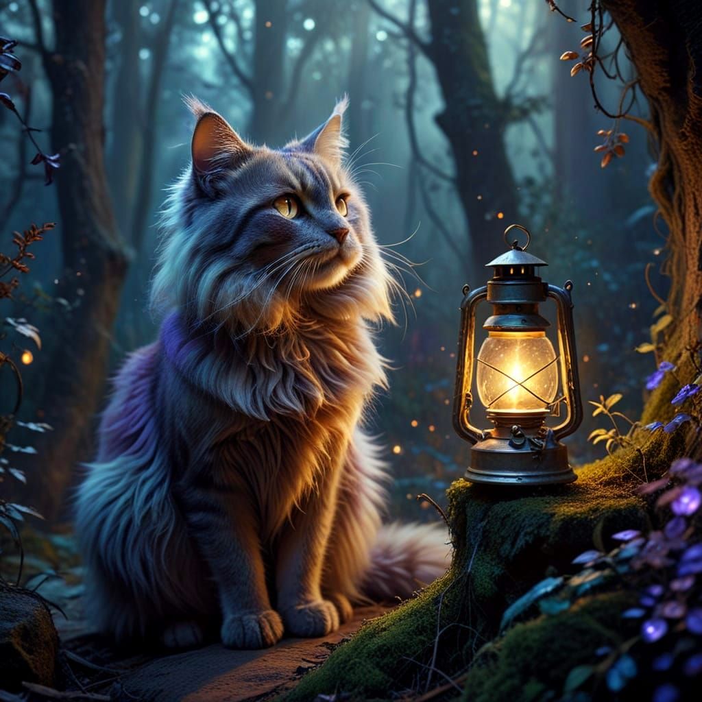 Whimsical Night Cat Illuminates Enchanted Forest