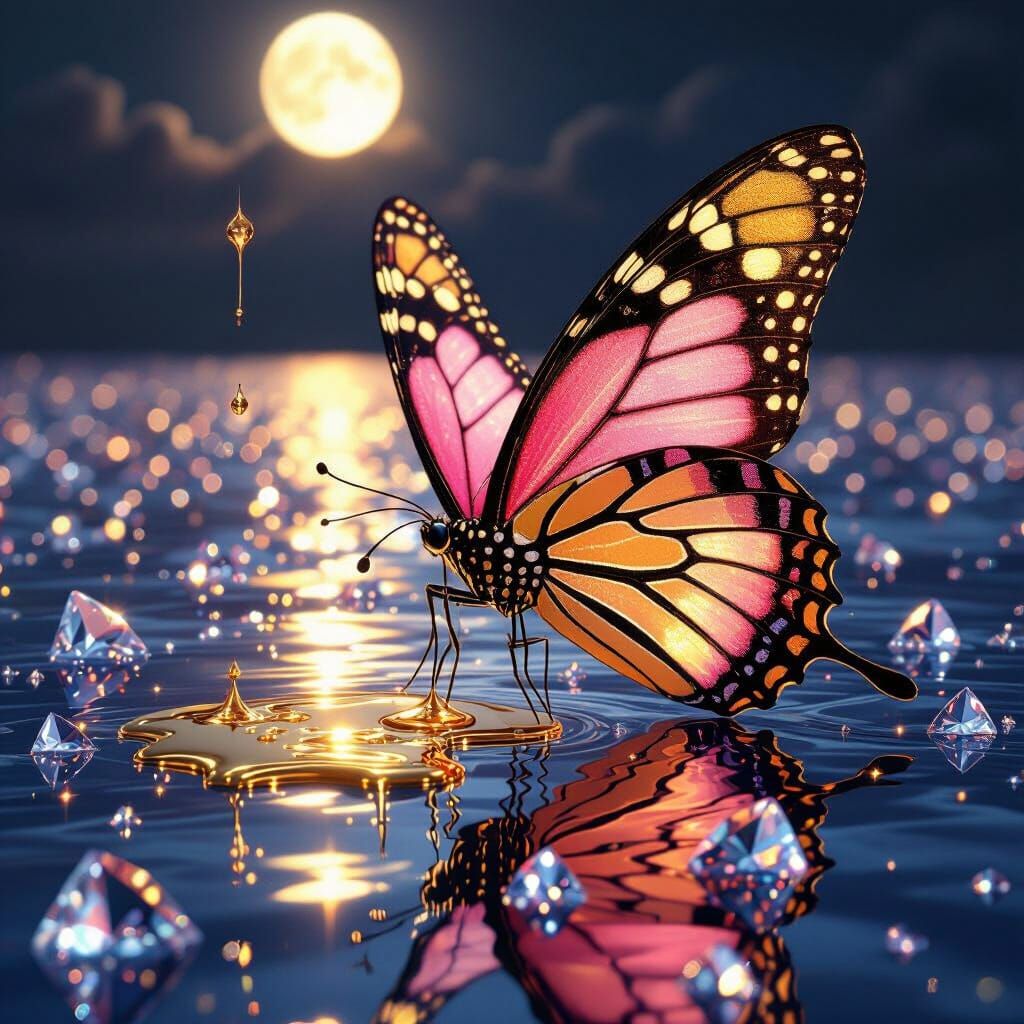 Gold and Pink Butterfly Drips Gold on Diamond Water