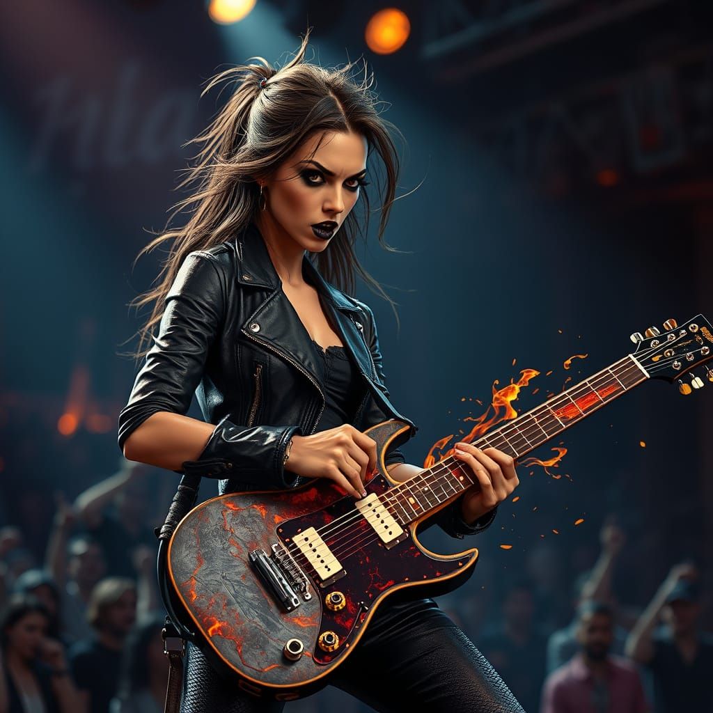 A dramatic concert photograph featuring a slender and fragile biker rock star passionately shredding an electric guitar ...