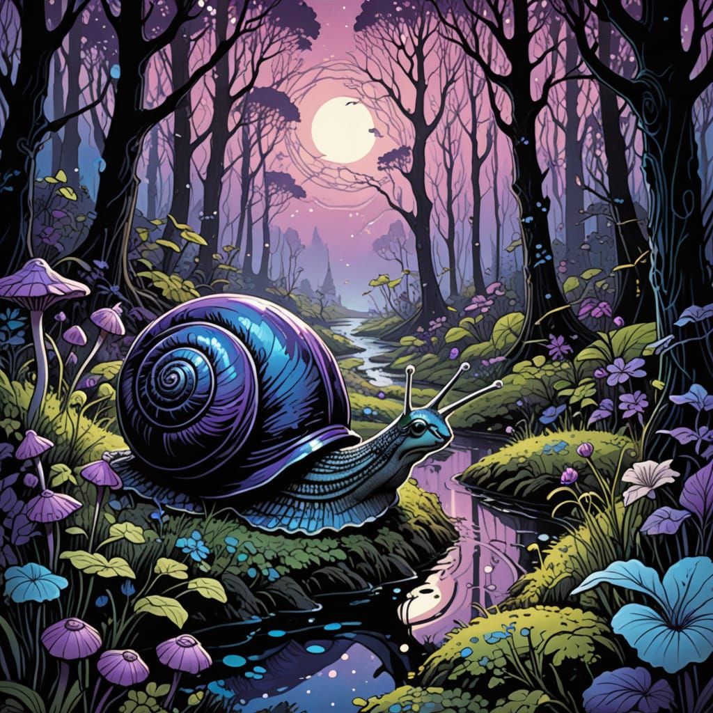 Woodland Creatures Ride Bioluminescent Snails: Art Nouveau F...
