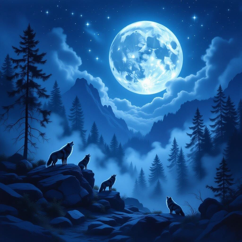 Wolf Moon Gathering in Mysterious Pine Forest
