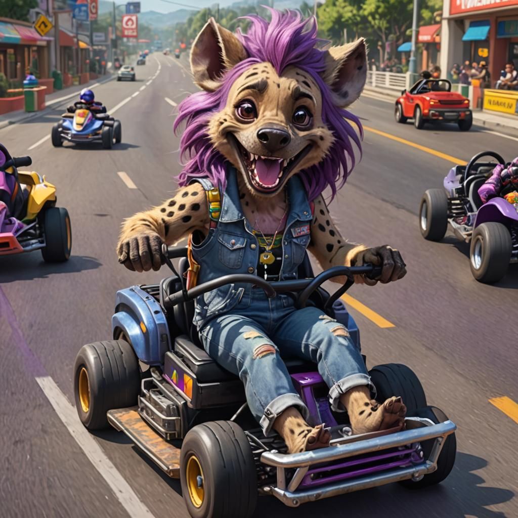 Furry Hyena on Rainbow Road in Go-Kart