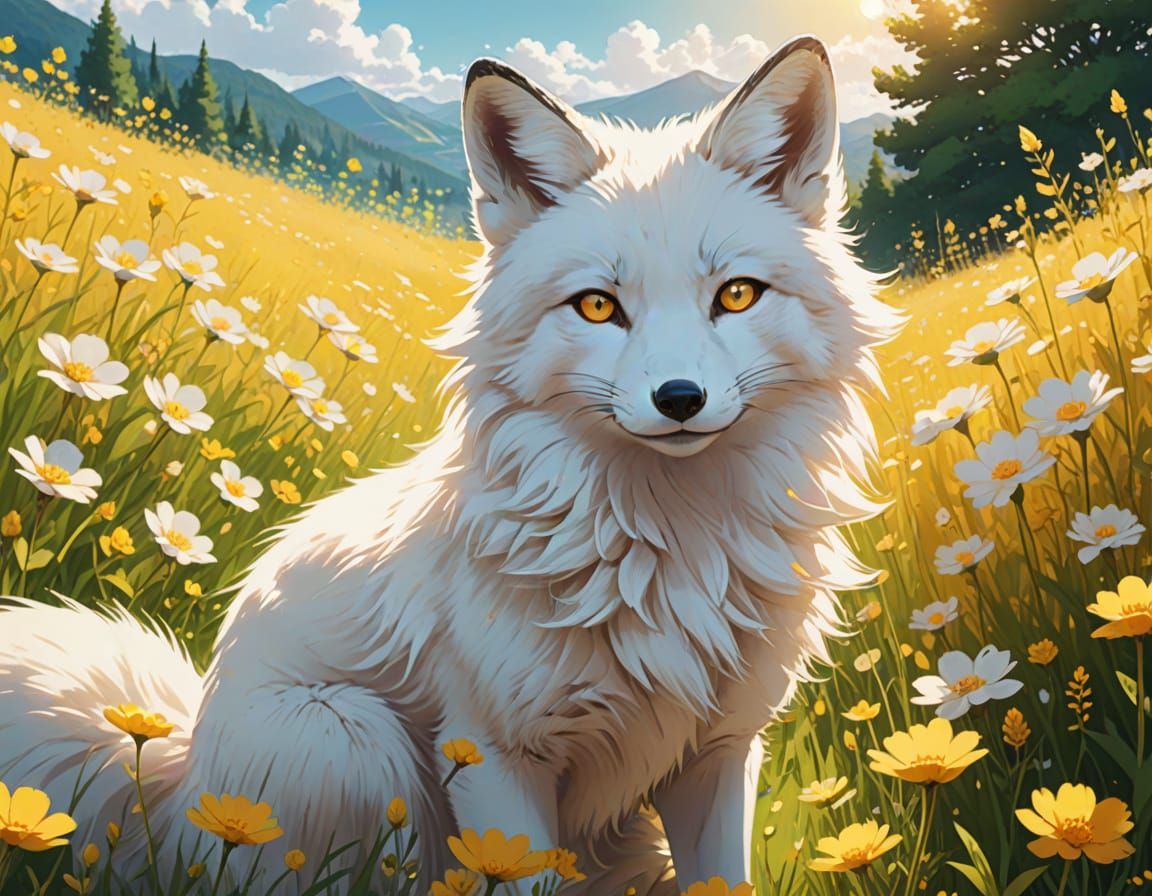 White Fox in Yellow Flower Meadow: Anime Art