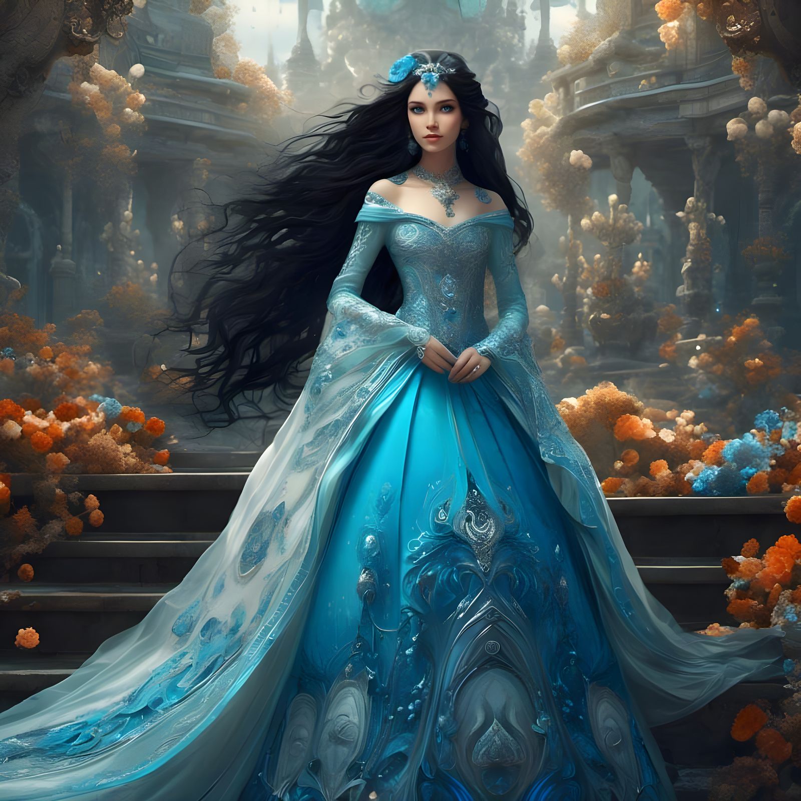 Black-Haired Princess in Blue Dress with Silver
