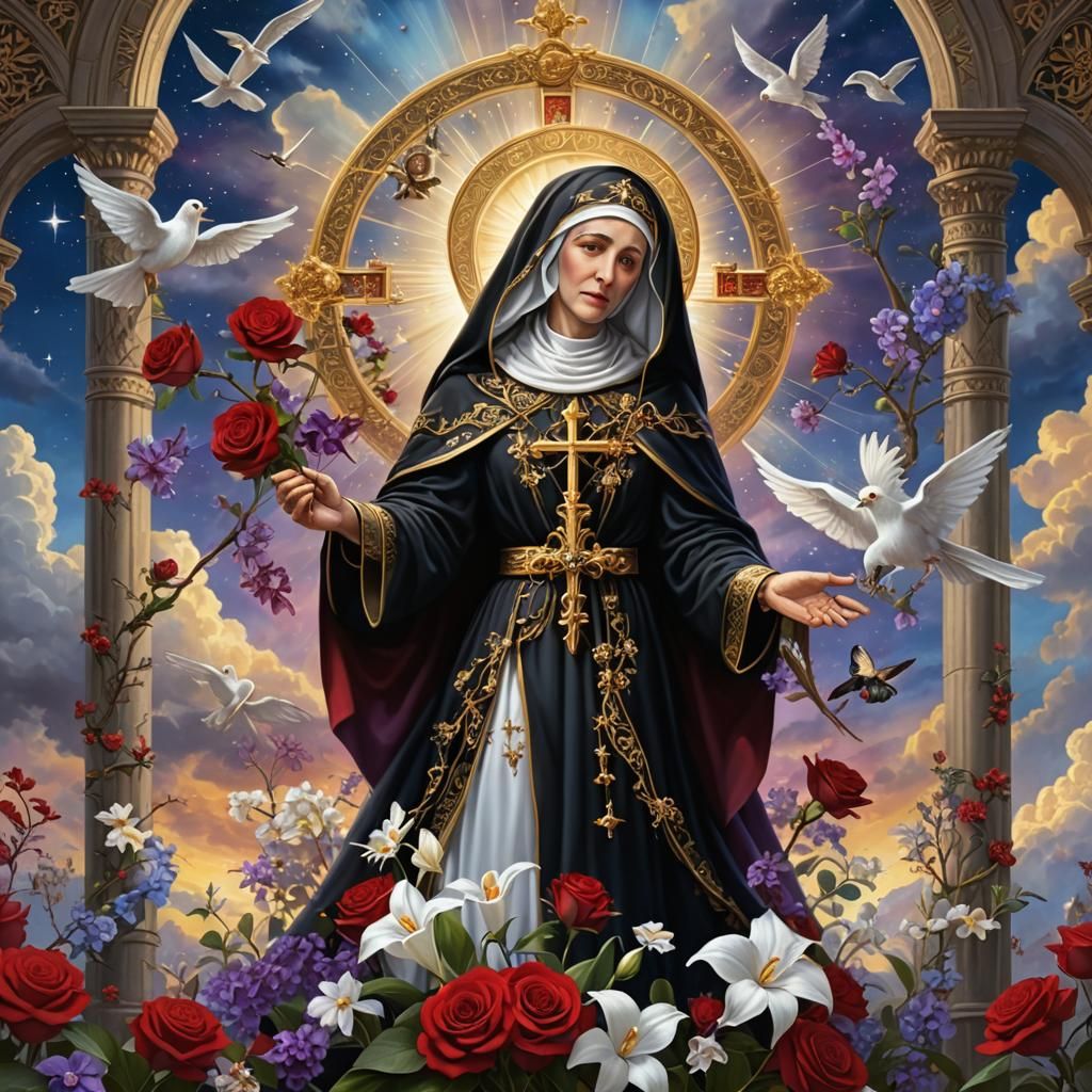 St Rita of Cascia with Roses and Orchids