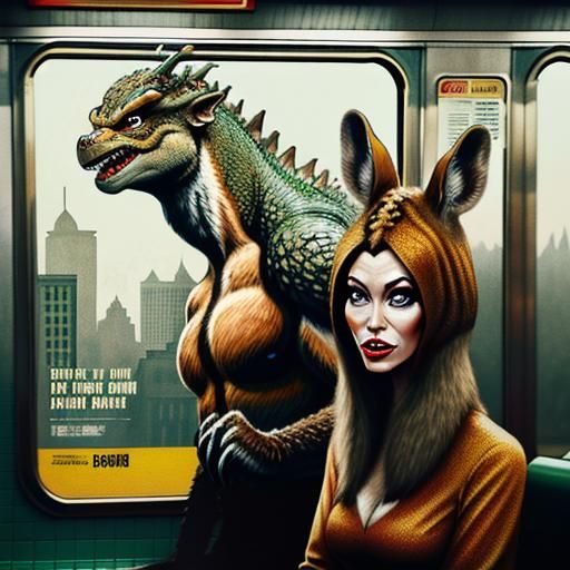 What happens when Bambi meets Godzilla on the subway? Please show me! Circa 1968, digital illustration, mixed media