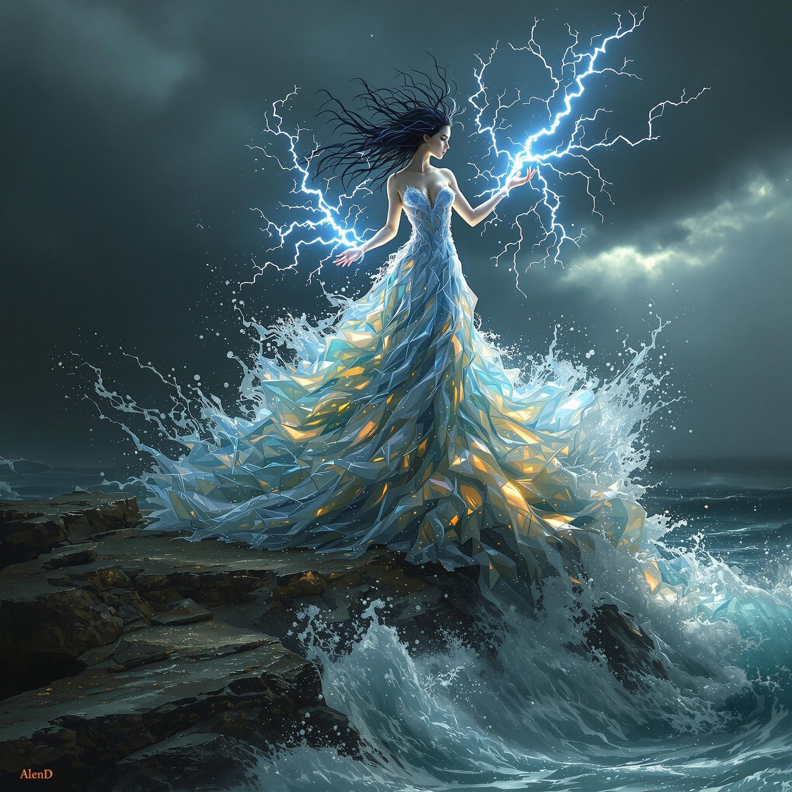 Ethereal Sea Goddess in Turbulent Stormy Skies