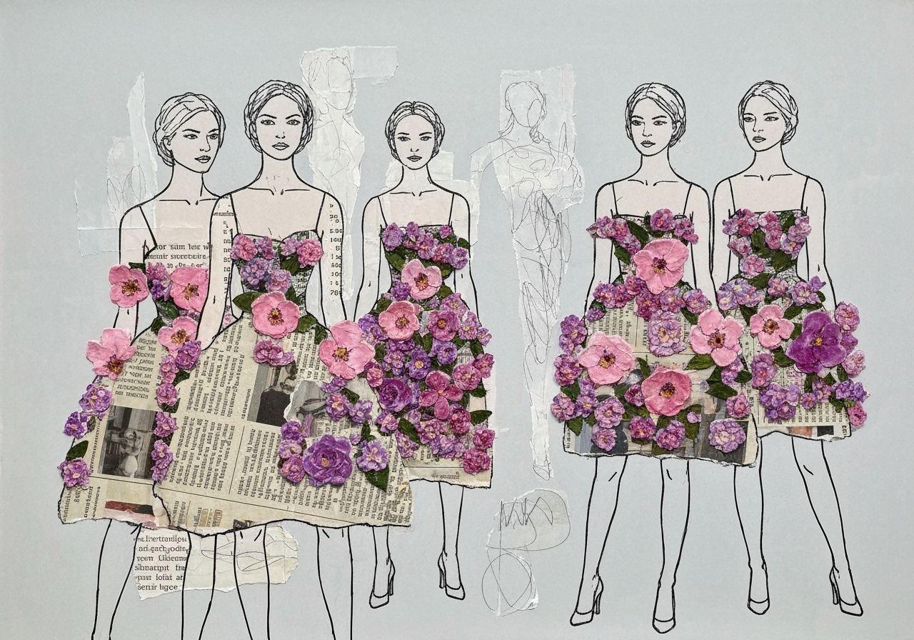Mixed Media Collage of Women in Floral Paper Dresses