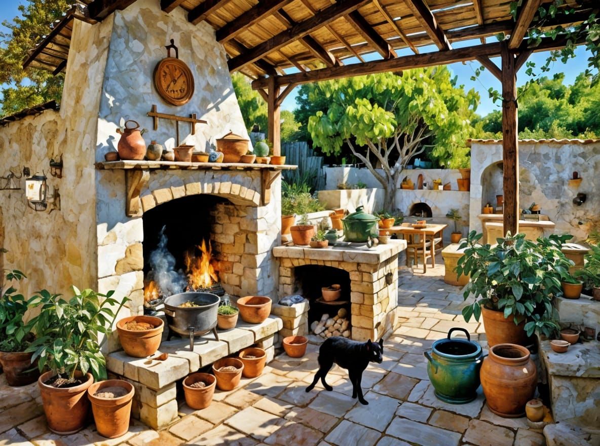 Sun-Drenched Thatch Kitchen with Wood Stoves