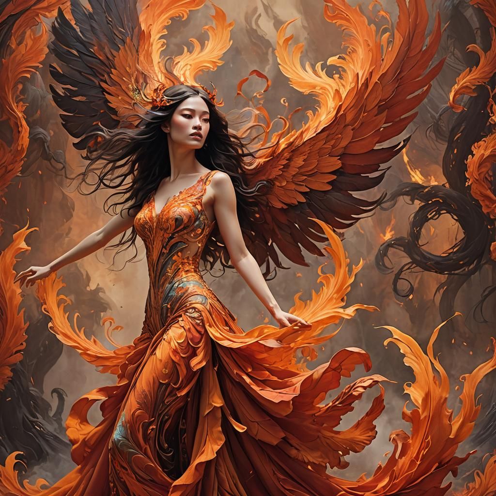 Girl in Phoenix Dress Amidst Fiery Landscape