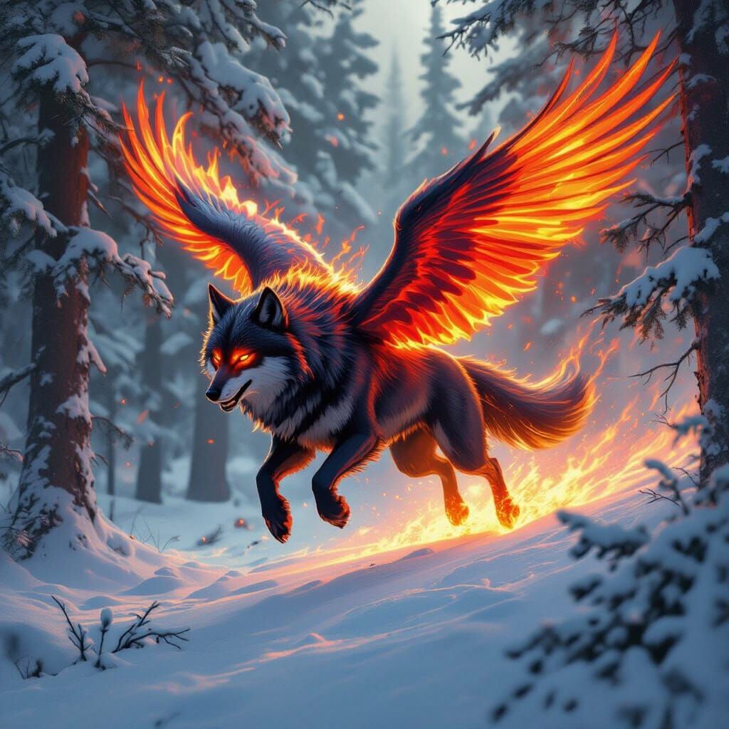 Magma Wolf Soars Over Snowy Forest in Dark Fantasy Style