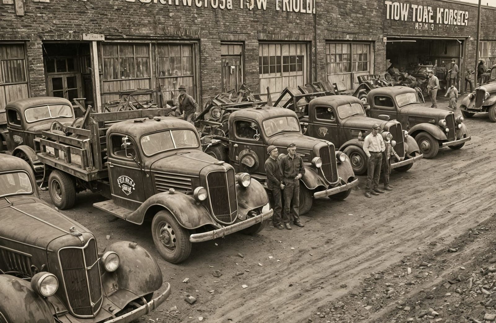 1930s Wrecking Yard Workers with Tow Trucks