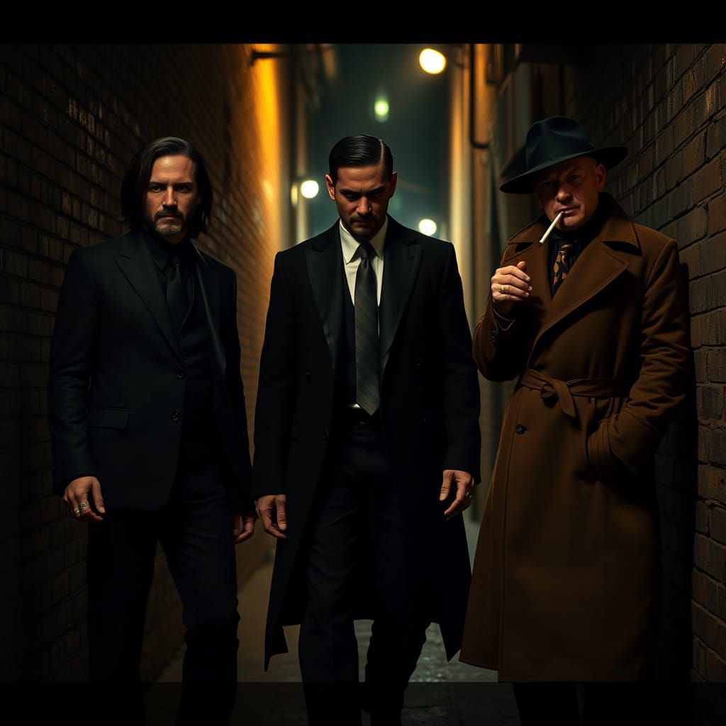 John Wick, Neo, and Constantine in Dark Alley