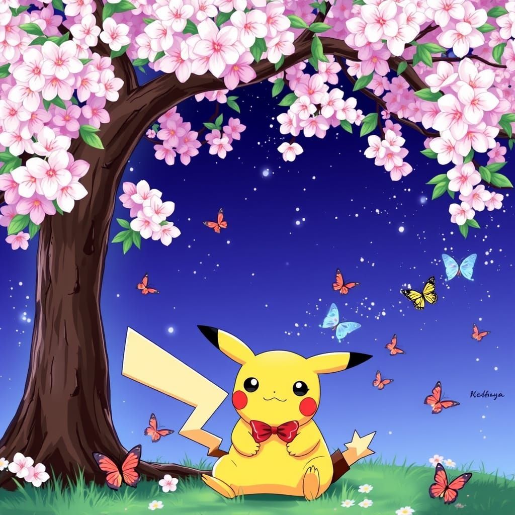 Cherry Blossom Pikachu in Anime Style