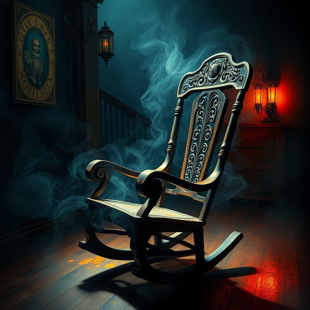 Eerie Rocking Chair in Dim Room, Surrealist Style