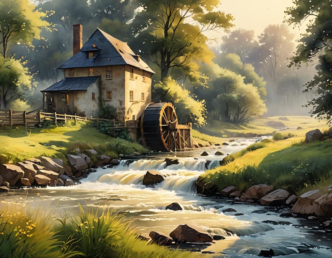 Water Mill in Foggy Meadow: Oil Painting Illustration