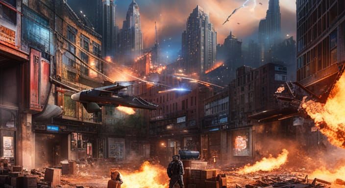Intense City Battlefield Scene Inspired by Dark Surrealism