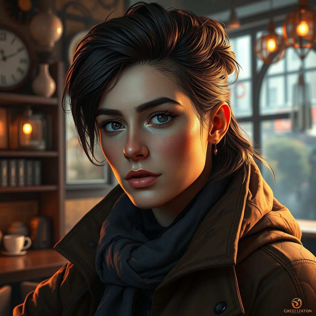 Vibrant Steampunk Portrait in Ethereal Coffee Shop Setting
