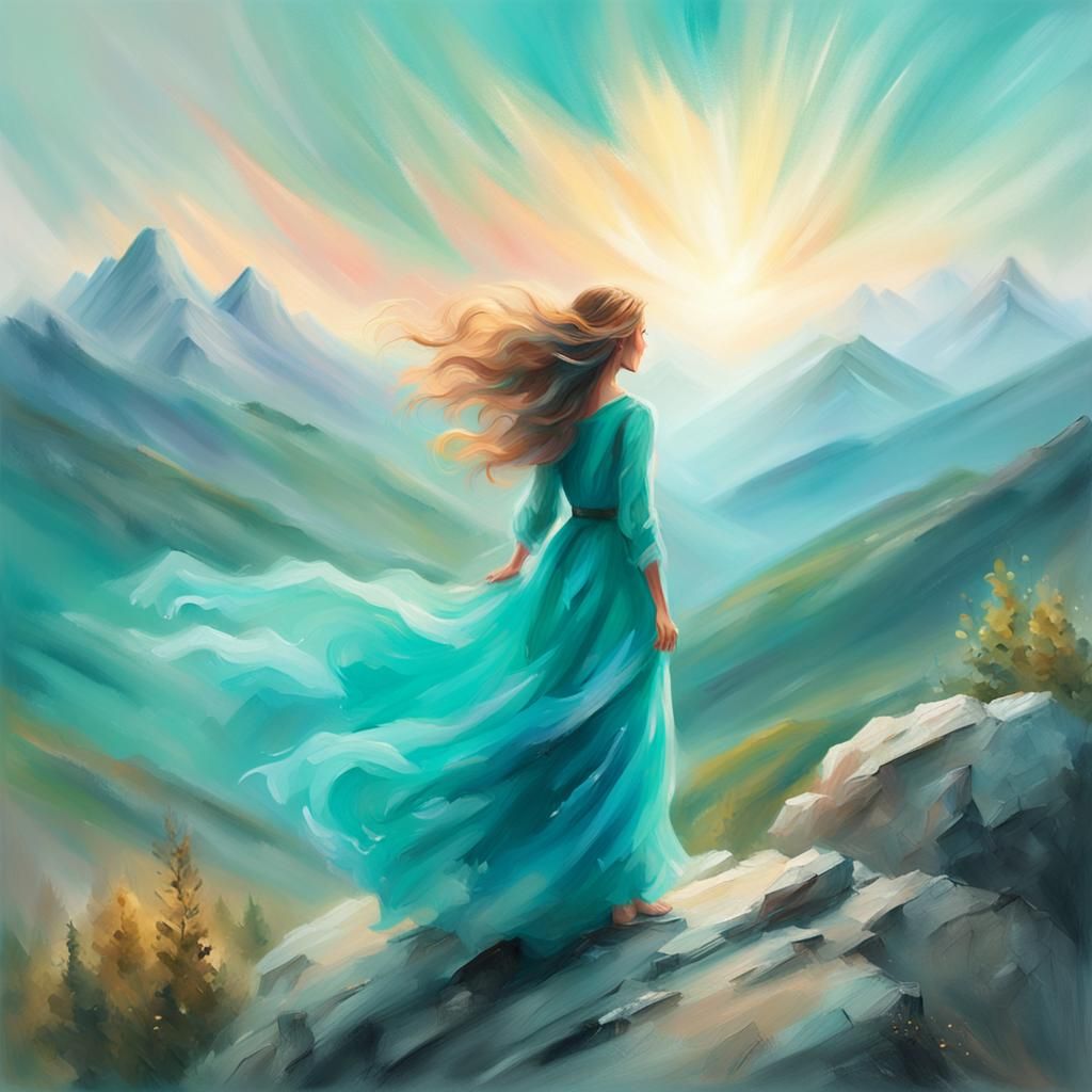 Woman in Turquoise Dress in Mountain Landscape