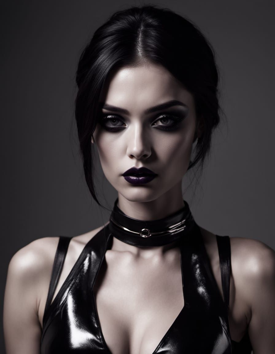 Dark Goth Beauty in Black Vinyl Dress