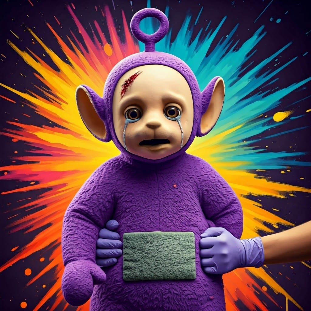 Graffiti Art Teletubby in Anguish, Lady Dentist Holds Firm