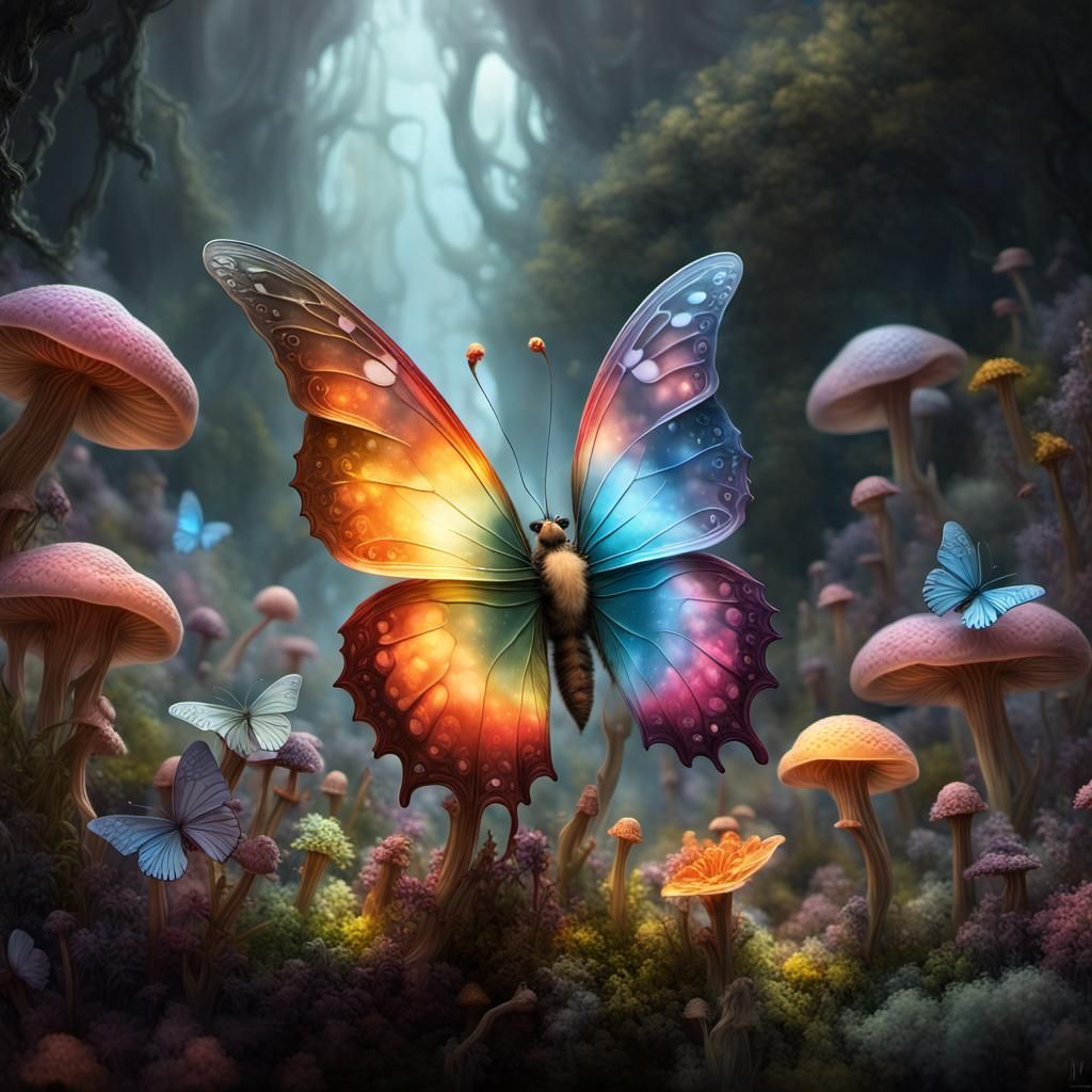 butterfly magically pollinating beautiful flowers