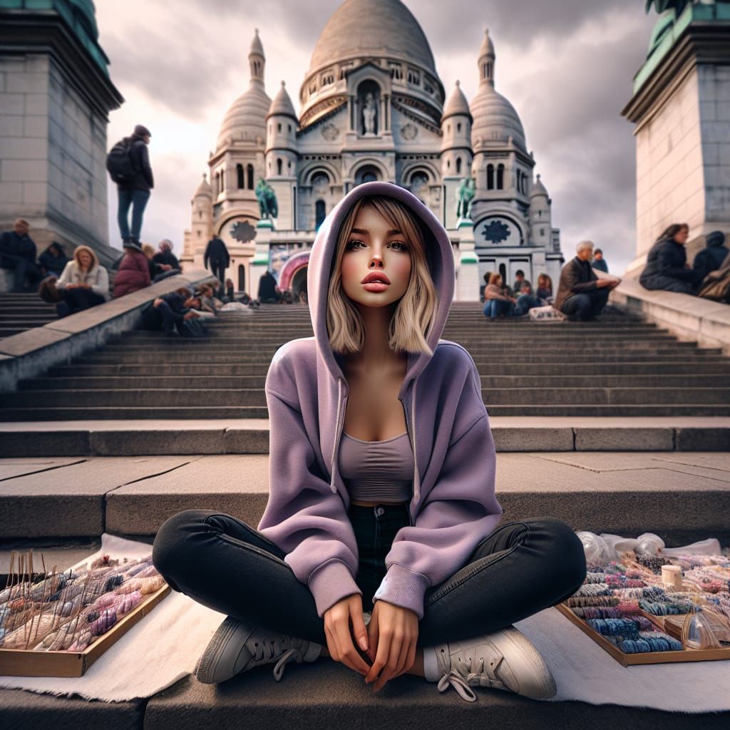 Blonde Woman Selling Gifts at Sacre-Coeur, Matte Painting