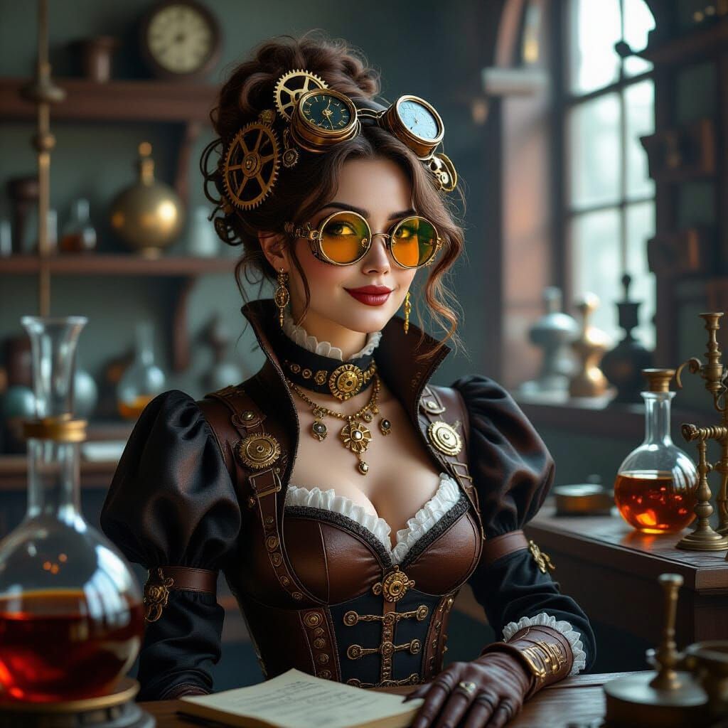 Steampunk Witch in Victorian Lab with Clockwork Gears