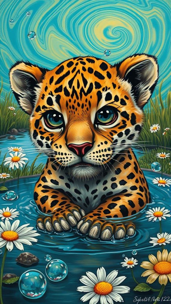 Cute, Baby Leopard, Huge Eyes Wet ruffled fur, Bathing