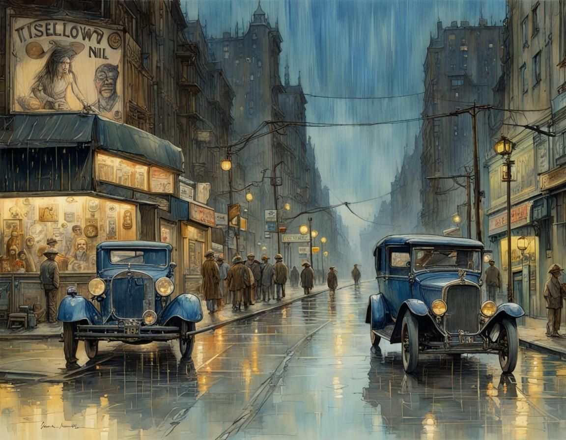 Rainy Cityscape Watercolor with Iridescent Highlights