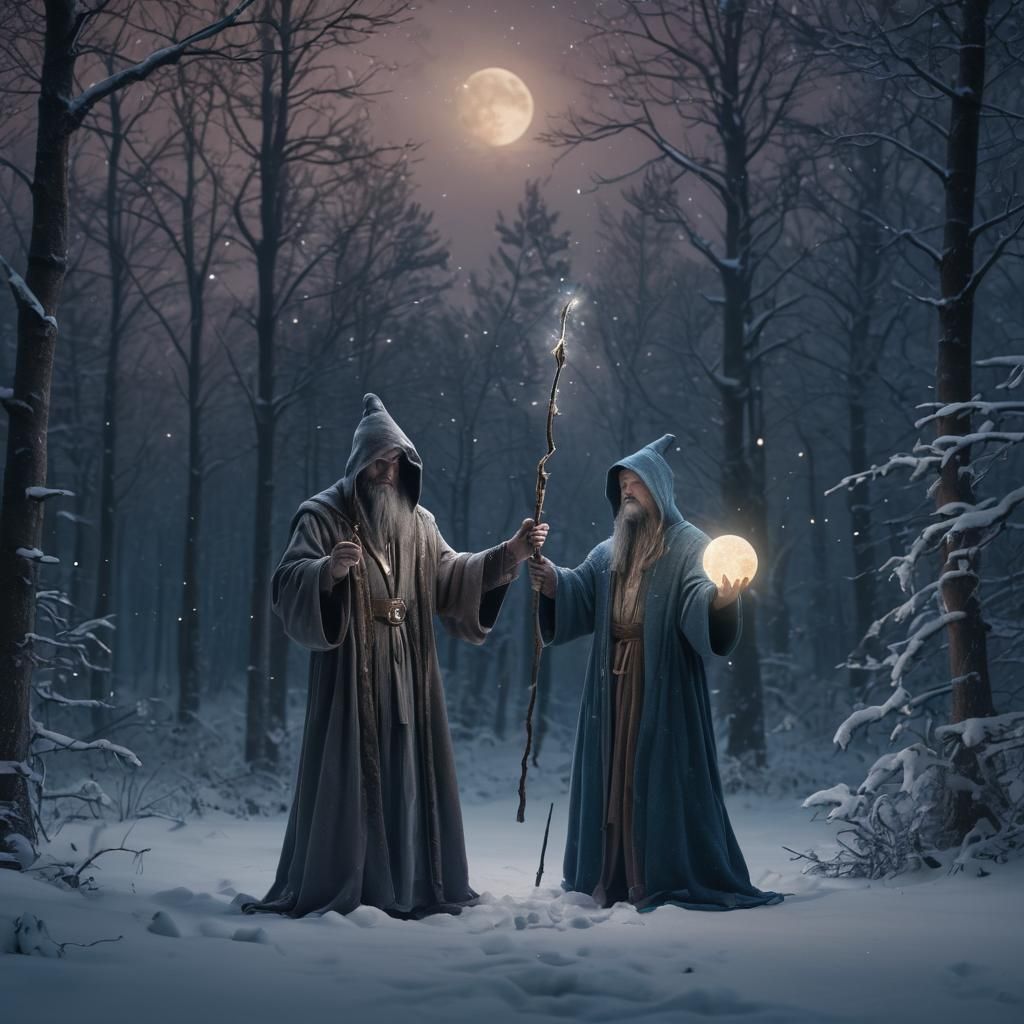 Hooded Wizard in Winter Forest Under Moonlight