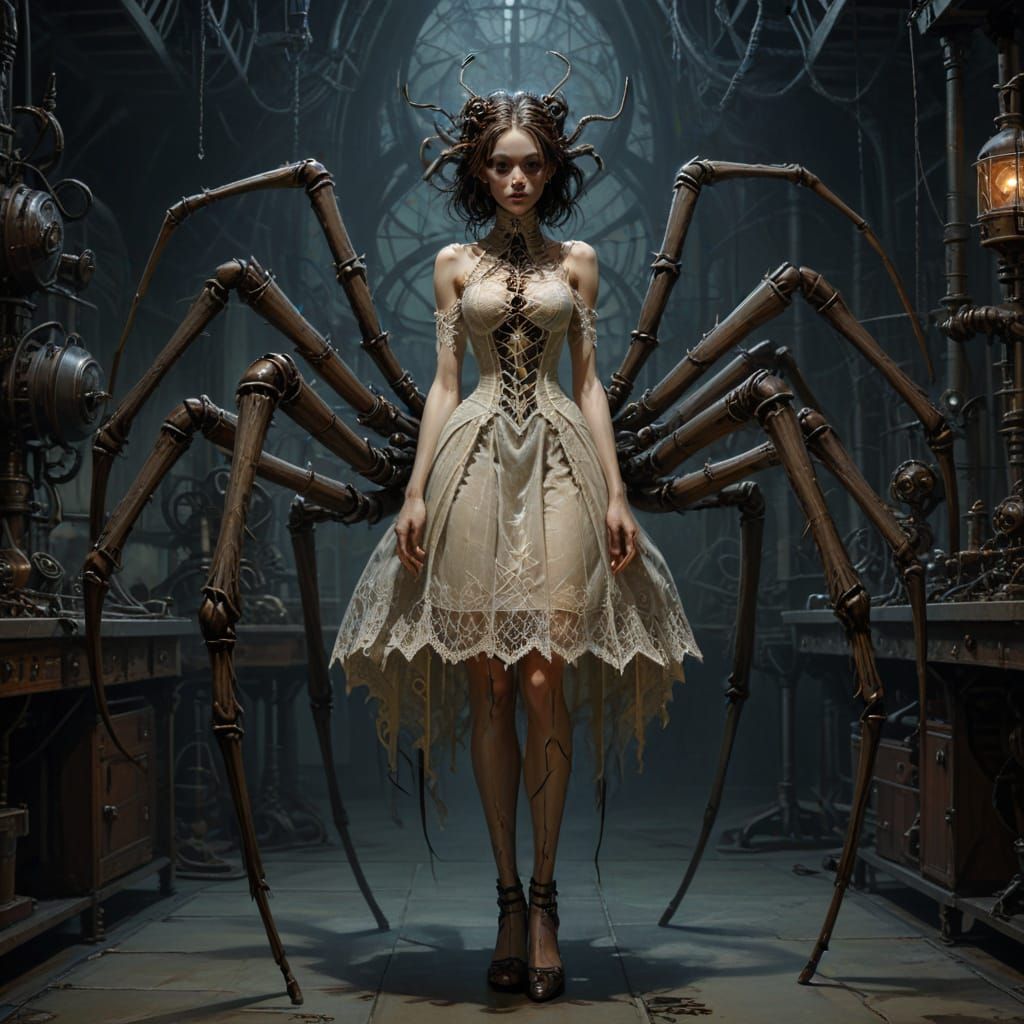 Mechanical Spider Girl in Gothic Steampunk Style