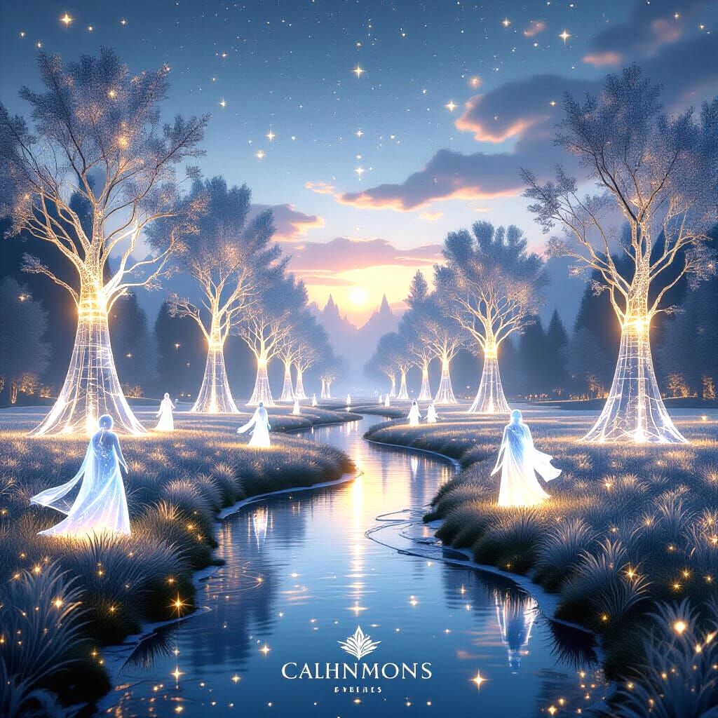 Ethereal Garden of Cosmic Twilight in 3D Cinematic Style
