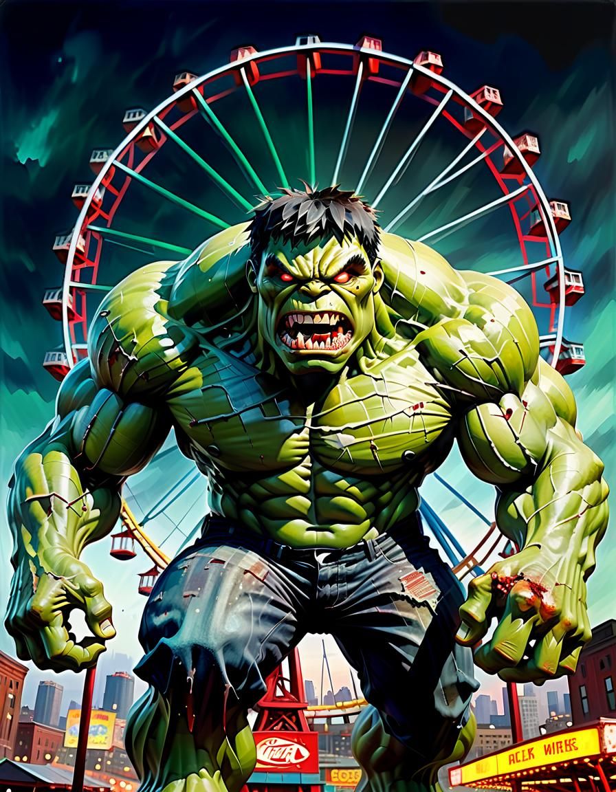 Menacing Hulk on Ferris Wheel, in Anime Style
