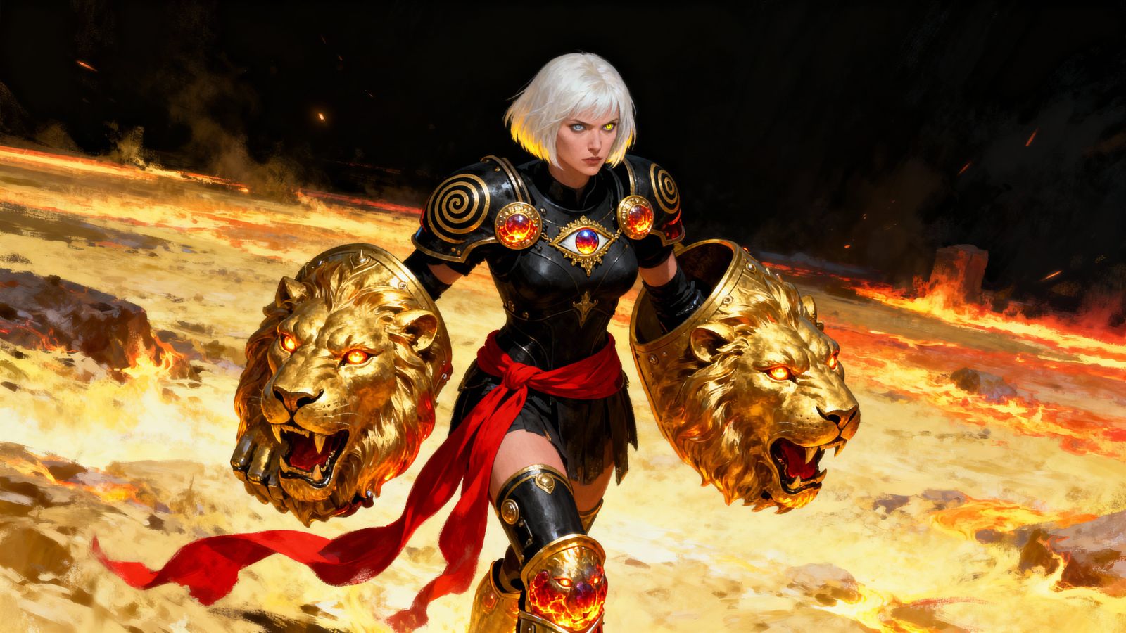 Warrior with Pale White Hair and Golden Lion Armor