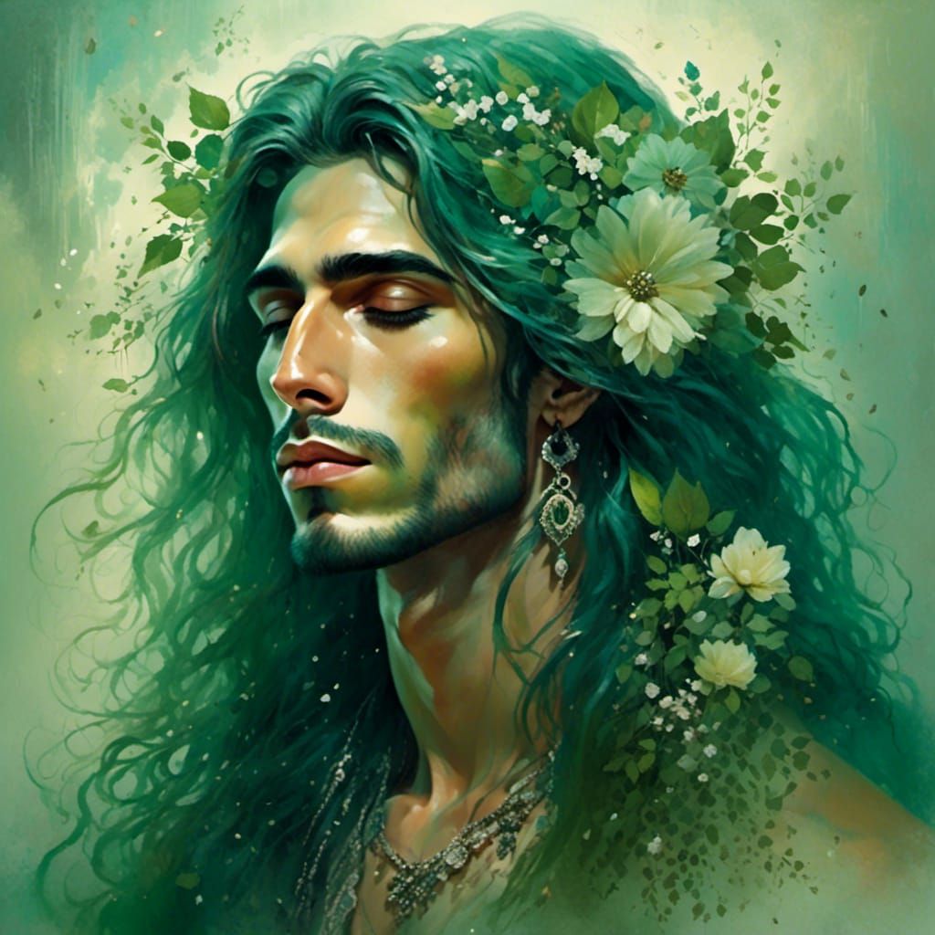 Floral Arabic Man with Green Hair