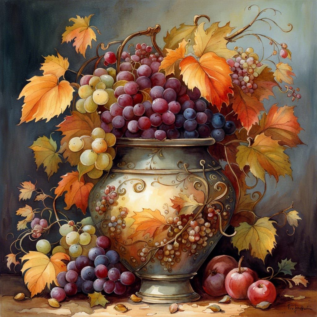 Autumn vase with grapes.