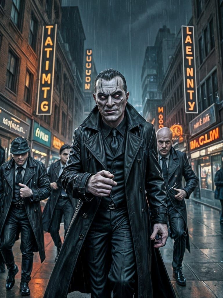 Menacing Supervillain Caricature in Rainy Cityscape