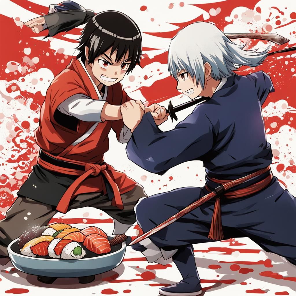 Epic Food Fight: Onigiri Versus Nigiri in Anime Style