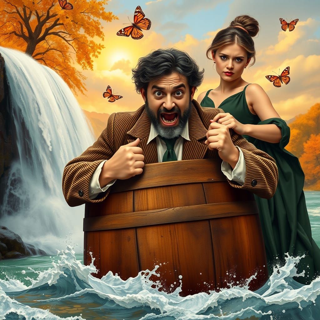 A man in a large wooden barrel is the central subject, posit...