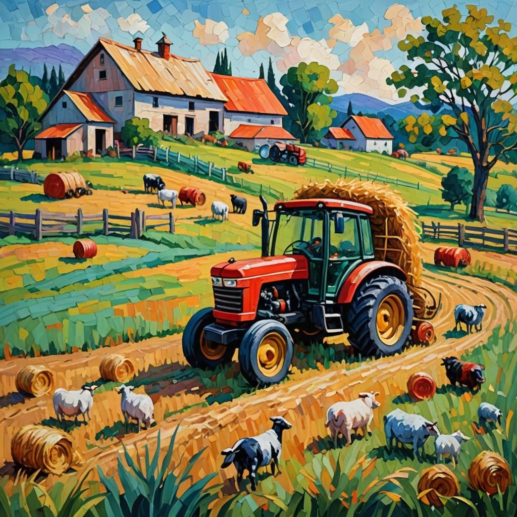 Impasto Farm Life Painting with Animals and Tractor