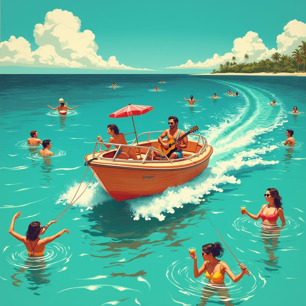 Retro Boat Party with Live Music in Turquoise Waters