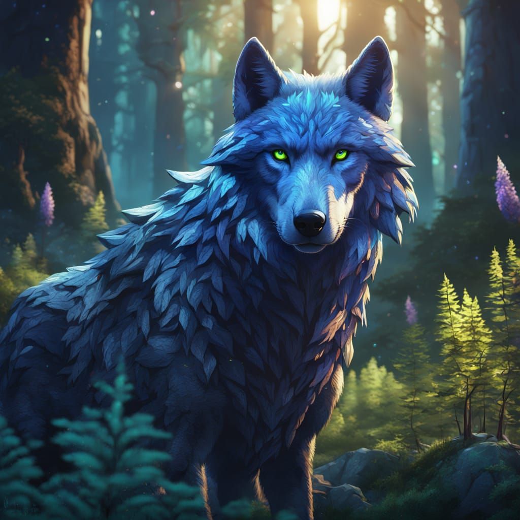 Fantasy Wolf in Mystical Forest with Emerald and Sapphire Hu...