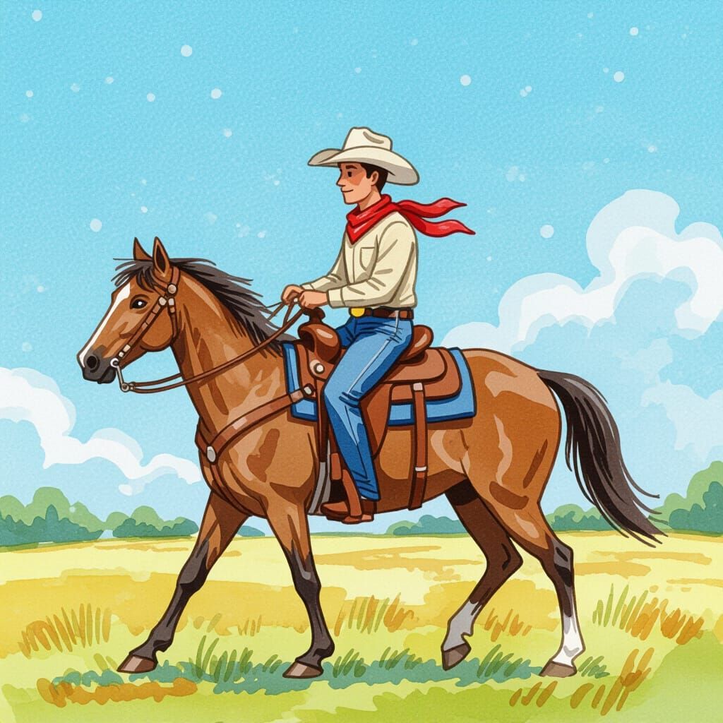Happy Cowboy Rides Horse in Watercolor Storybook Style