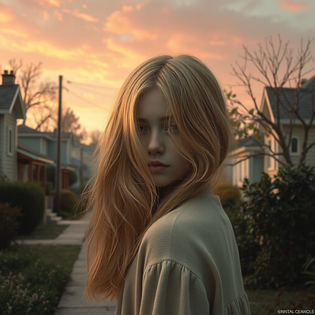 Ethereal Disappearance in a Golden-Hued Suburban Dreamscape