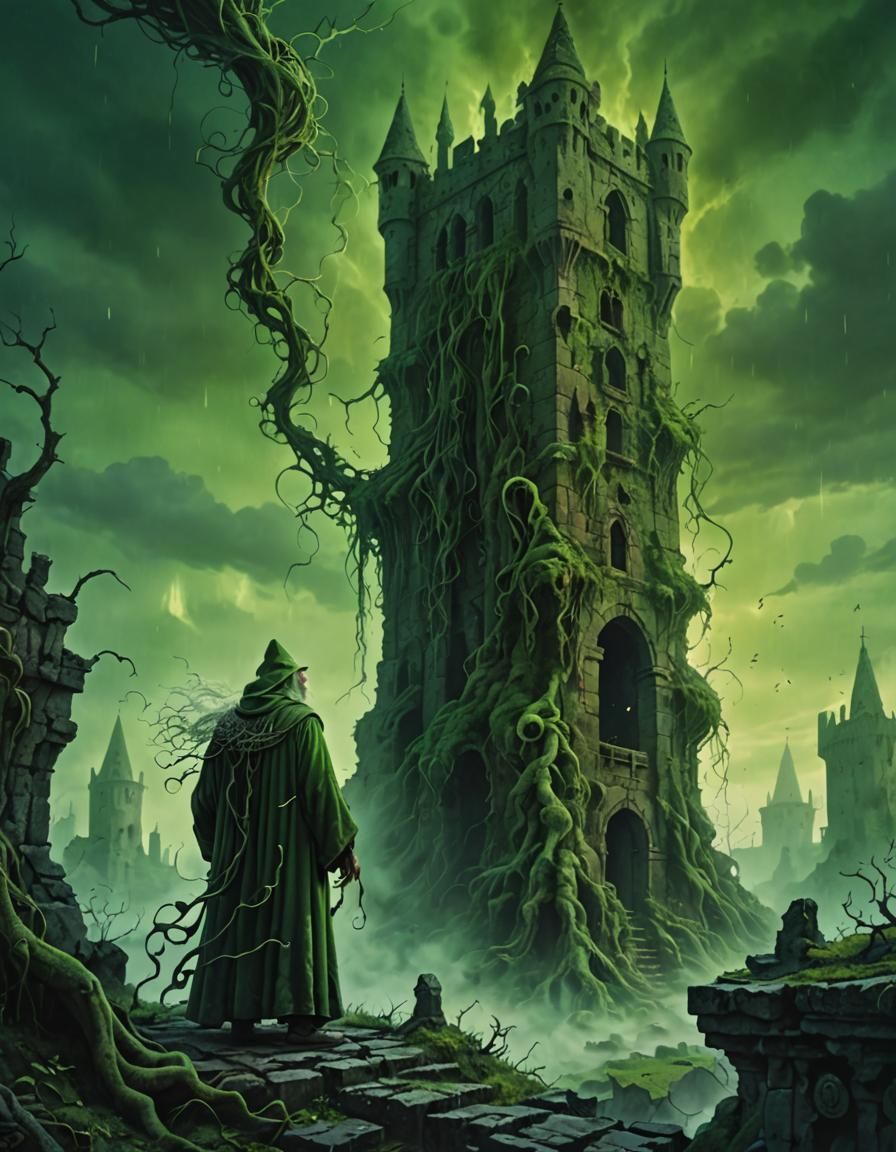 Wizard at Ruined Tower with Green Ghosts