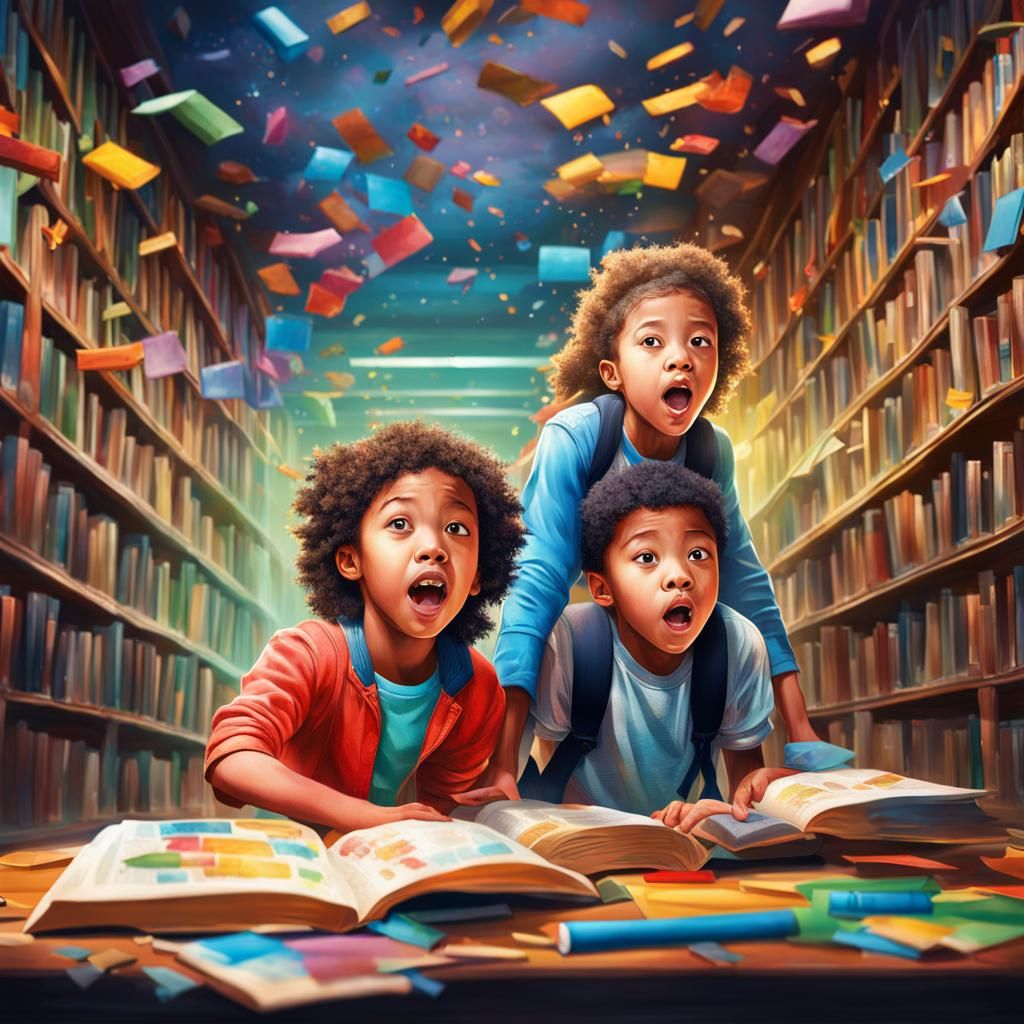 Surprised Kids in Library Hyperrealistic Splash Art