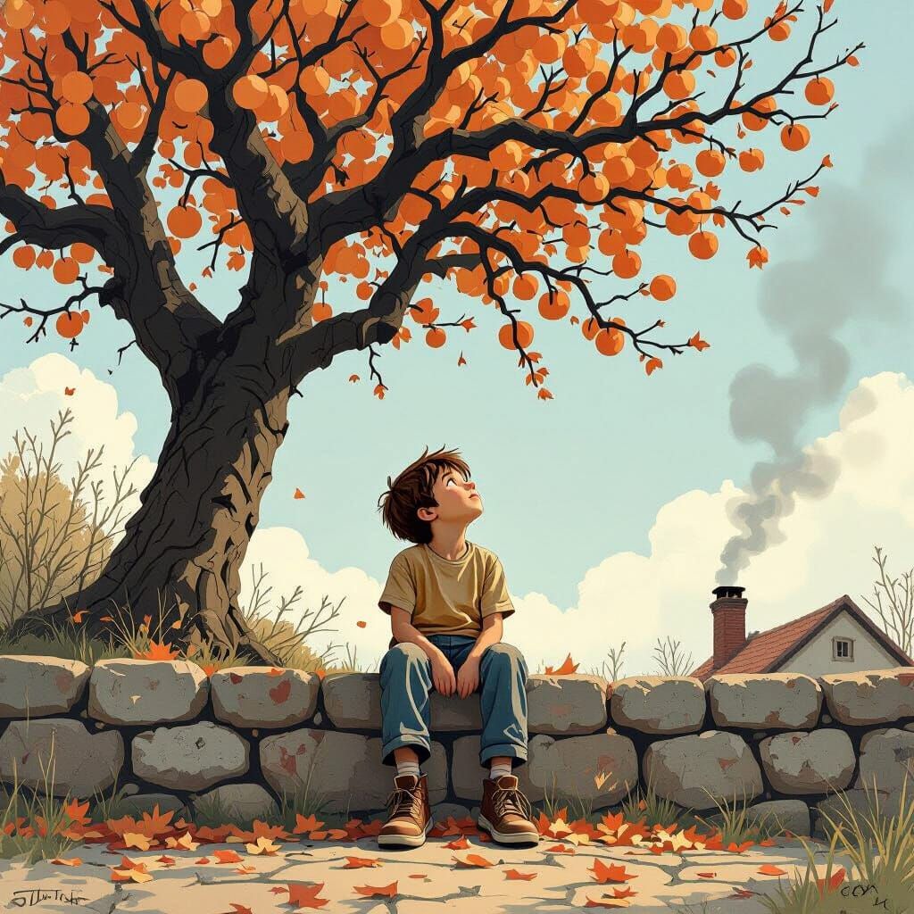 Boy Under Apricot Tree in Whimsical Serene Style