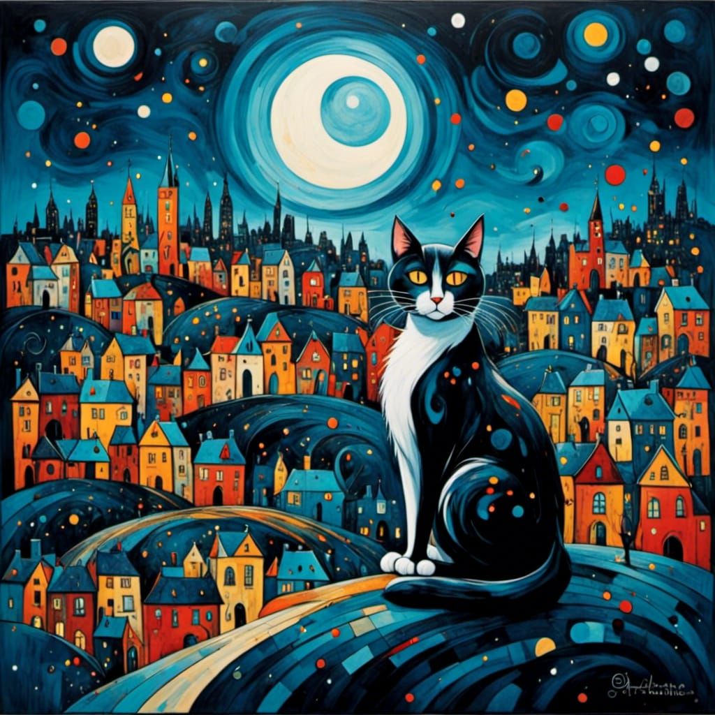 Cubist Cat Contemplates City Skyline at Night